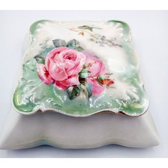Trinket Box R&S Germany Vintage Pink Roses Green Leaves Jewelry Stamped 5.5 In - Picture 3 of 15
